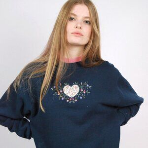 80s Embroidered Crewneck Sweatshirt (M) medium navy blue vintage womens cottage